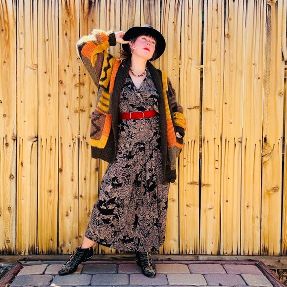 Vintage Dress 80s does 40s Abstract Print Long Sleeve Draped Dress Dark Print - Picture 12 of 12